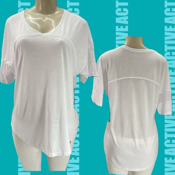 Marc New York XL White Semi-Sheer V-Neck Curved Hem Short Mesh Inlay Sleeve Tee - Picture 1 of 6